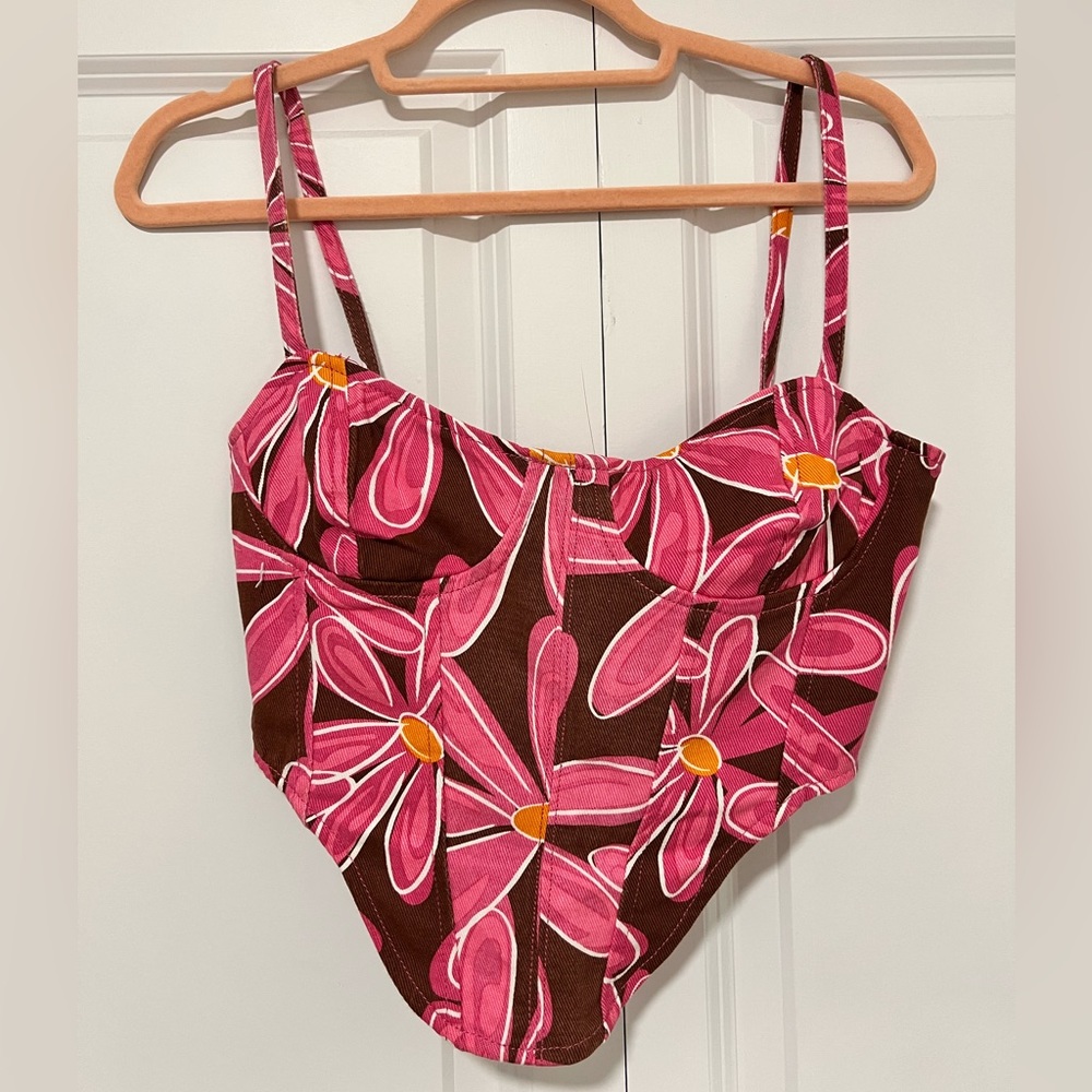 Denim pink and brown flower corset top with zip up back closure